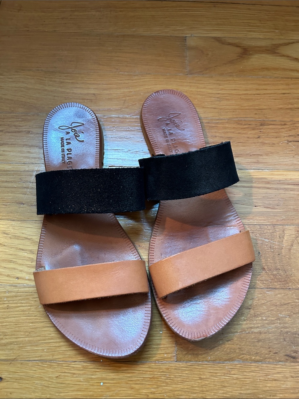 Joie Black and Tan Two-Band Slide Sandals